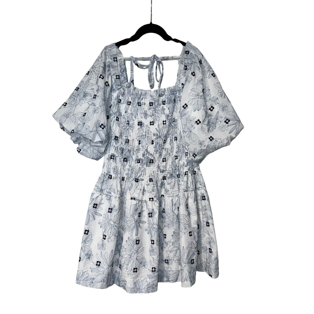 Arose Studio Floral Smocked Puff Sleeve Mini Dress Womens XL White Cotton Blend